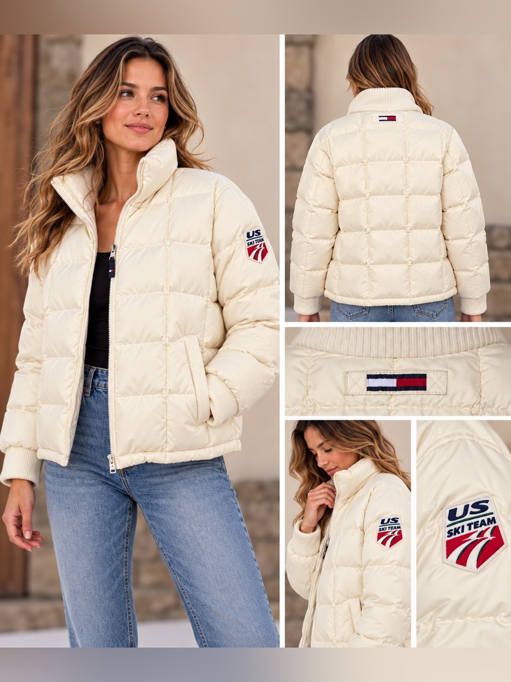 Tommy Hilfiger Vintage 90s USA Ski Team Puffer Jacket L Cream Ivory Retro Lodge